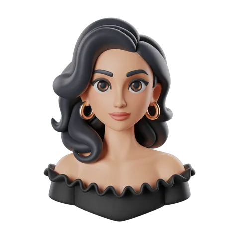 3d cartoon woman with long dark hair wearing gold earrings for app icons and illustrations PNG