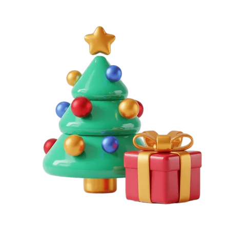 3d christmas tree with gift box clipart for holiday marketing and seasonal designs PNG
