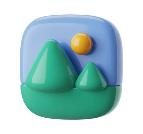 3d clipart mountain landscape with yellow sun for travel blog and website design PNG