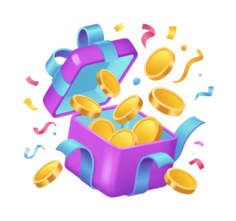 3d gift box overflowing with gold coins and celebration confetti for profit success marketing PNG