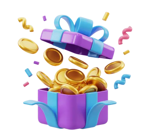 3d gift box overflowing with golden coins celebration illustration clipart PNG