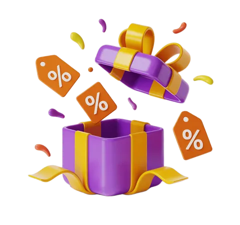 3d gift box with discount sale tags popping out for online shopping deals and promotions PNG