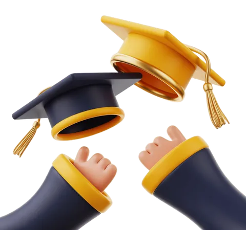 3d graduation celebration hands holding black and gold caps for diploma event design PNG