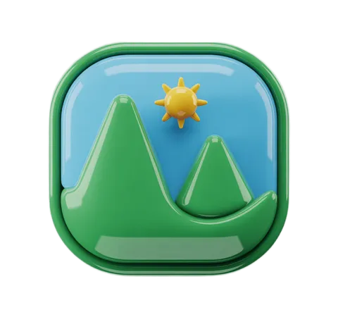 3d green mountain icon with sun graphic element for business presentations and infographics PNG