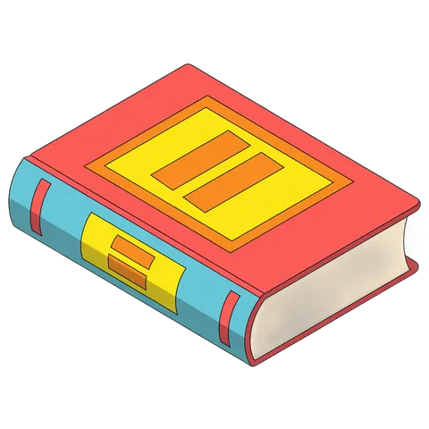 3d isometric illustration of a colorful hardcover book with a yellow and red logo on the cover PNG