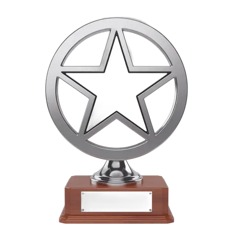 3d metallic star award trophy icon on base for achievement presentation and event decoration PNG