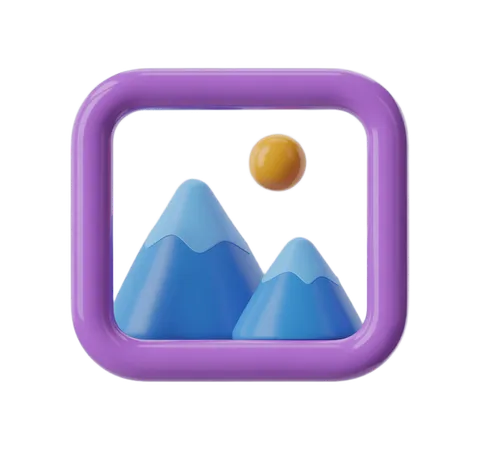 3d purple frame clipart with mountain landscape and yellow sun for graphic design projects PNG