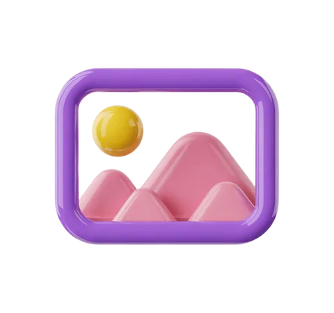 3d purple frame clipart with yellow ball and pink mountain landscape for digital design PNG