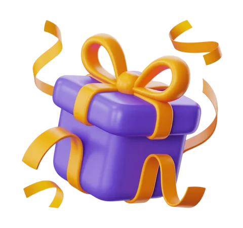 3d purple gift box with orange ribbon and bow for holiday celebration presentation PNG