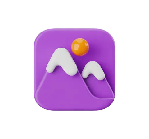 3d purple mountain clipart icon with orange sphere for app design and website graphics PNG