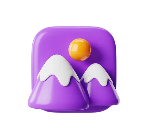 3d purple mountain icon with orange sun for app design and website graphics PNG
