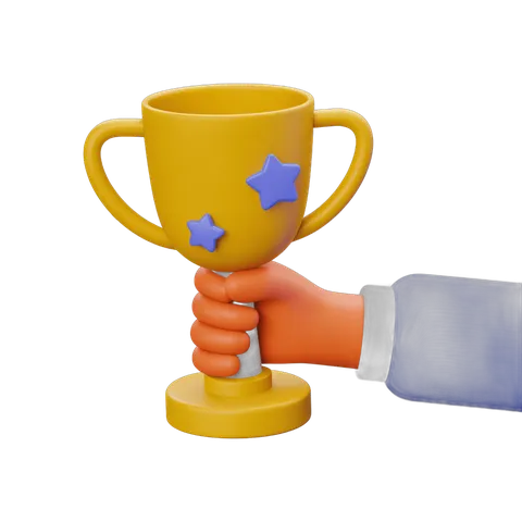 3d trophy cup with stars being held by hand for achievement awards and celebrations PNG