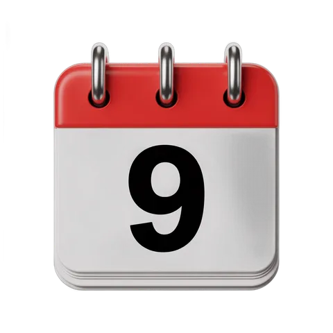 9th day calendar page isolated clipart for schedules and event planning designs PNG