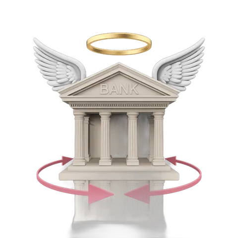 Angel wings bank building illustration for financial trust and divine protection concept PNG