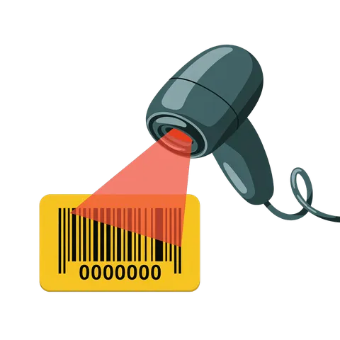 Barcode scanner reading product label with transparent background for retail and inventory management PNG