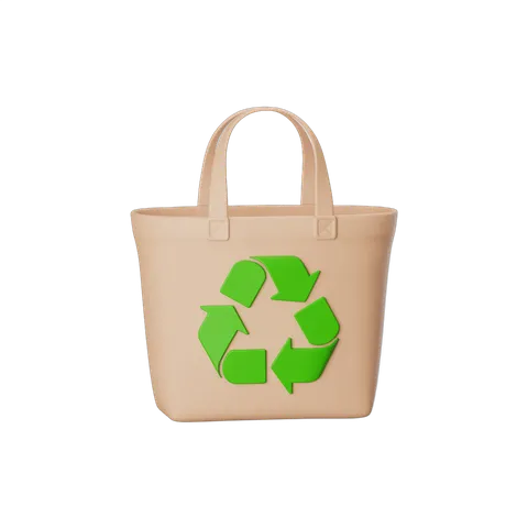 Beige tote bag with green recycling symbol isolated clipart for eco friendly marketing designs PNG