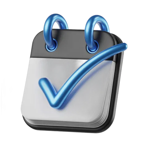 Blue checkmark clipart on spiral bound calendar page for task completion confirmation PNG
