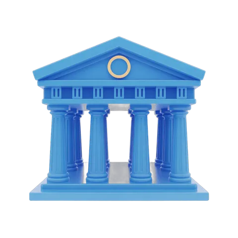 Bright blue 3d neoclassical temple building illustration with columns for corporate presentations and branding PNG