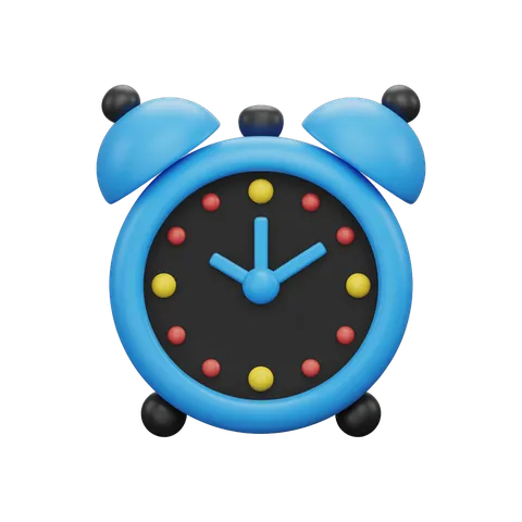 Bright blue alarm clock clipart with glowing dots for time management and productivity graphics PNG