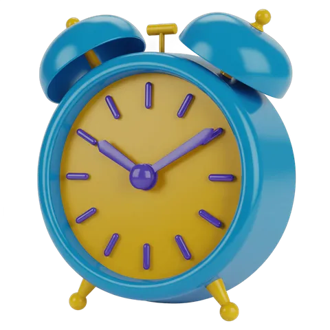 Bright blue and yellow alarm clock illustration for productivity and time management designs PNG