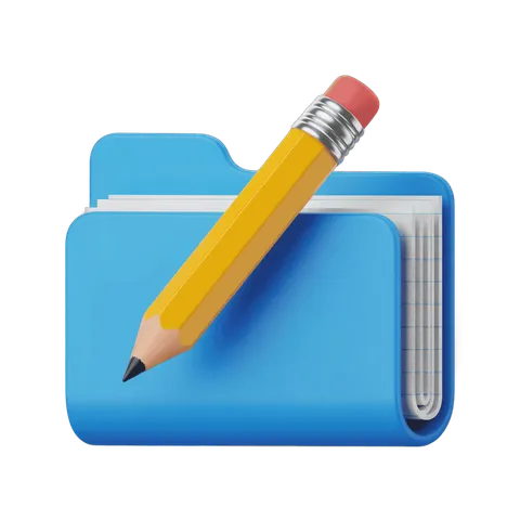 Bright blue folder icon with yellow pencil and gray paper clip isolated clipart graphic element PNG