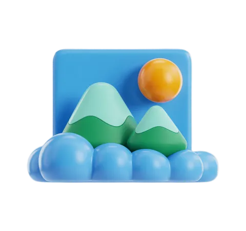 Bright cheerful 3d mountain landscape scene with clouds and sun for presentations and digital designs PNG