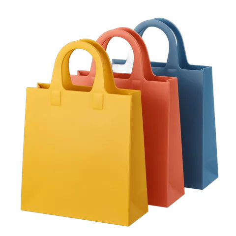 Bright colored shopping bags with handles for retail marketing and ecommerce packaging design PNG