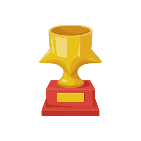 Bright golden trophy cup award icon on red base for achievement recognition and success celebration PNG