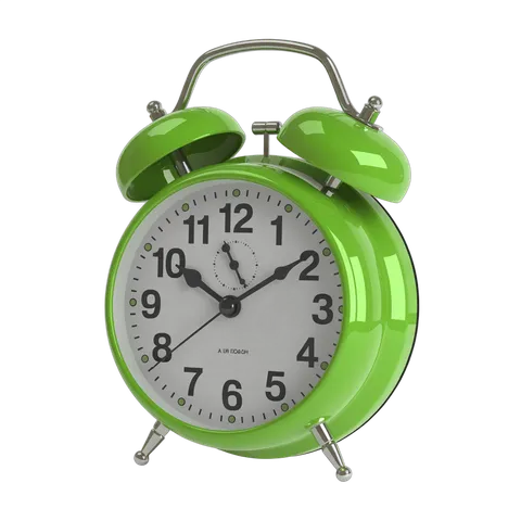 Bright green alarm clock with loud bell for office desk or home use PNG