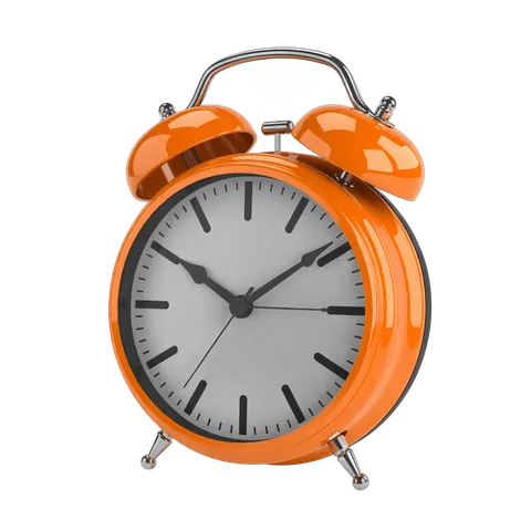 Bright orange alarm clock with black hands for time management and productivity graphics PNG