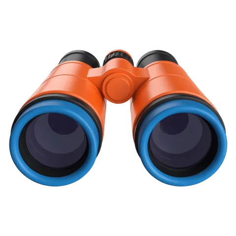 Bright orange and blue binoculars clipart for outdoor adventure and travel marketing graphics PNG