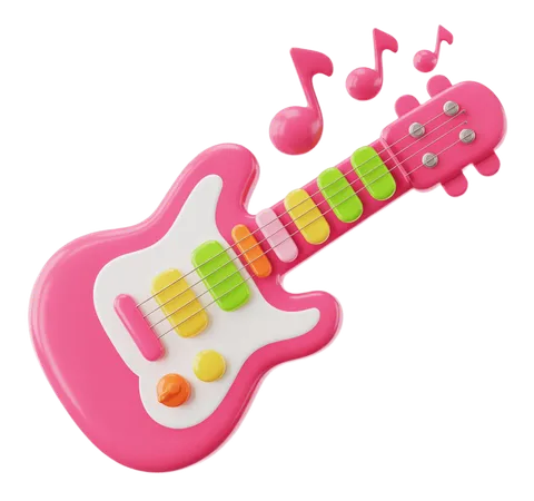 Bright pink 3d toy guitar with colorful notes and music symbols for kids educational materials PNG