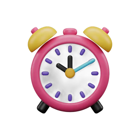 Bright pink cartoon alarm clock with yellow bells for kids room decor or educational materials PNG