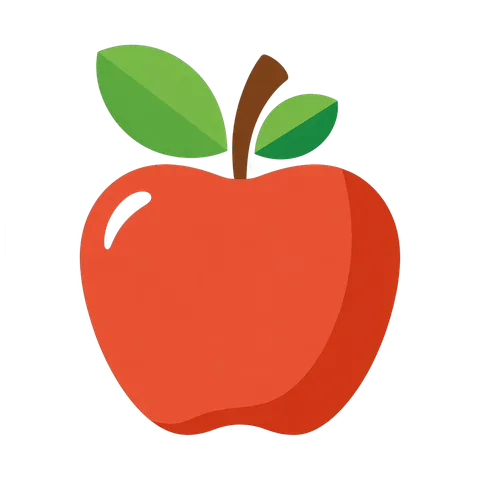 Bright red apple icon with green leaves isolated on transparent background for digital design PNG
