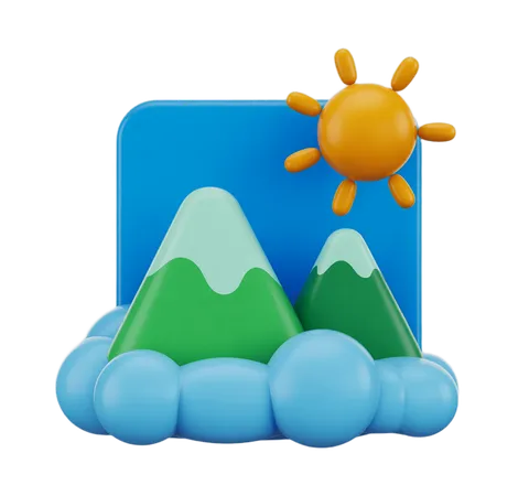Bright sunny day mountain landscape with fluffy clouds and smiling sun clipart PNG