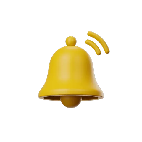 Bright yellow 3d notification bell icon with sound wave graphic for alerts and app notifications PNG