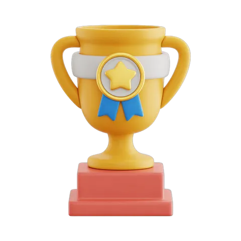 Bright yellow 3d trophy cup with star ribbon for achievement awards and success celebrations PNG
