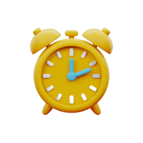 Bright yellow alarm clock illustration with blue hands for time management and productivity graphics PNG