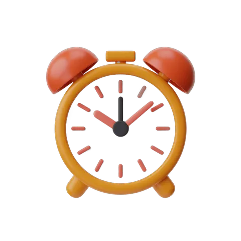 Bright yellow alarm clock with red buttons showing time for productivity and time management designs PNG