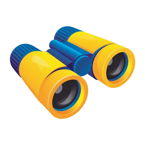 Bright yellow and blue binoculars clipart for travel adventure and outdoor exploration marketing PNG