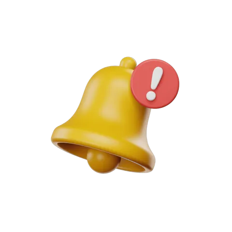 Bright yellow bell with warning exclamation graphic element for alerts notifications and alerts PNG