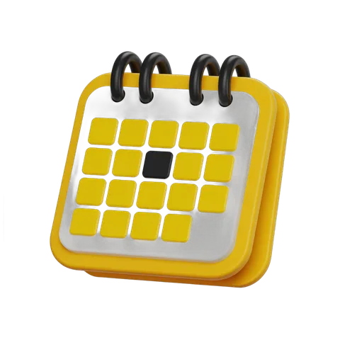 Bright yellow calendar clipart with black marked date for planning and scheduling events PNG