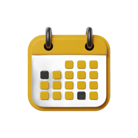 Bright yellow calendar page with two marked dates isolated on transparent background for digital design PNG