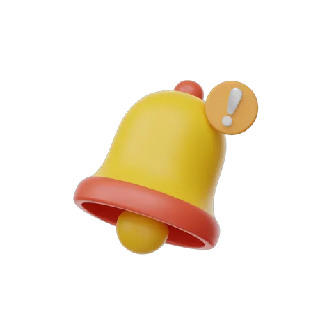 Bright yellow cartoon bell with exclamation mark graphic element for alerts notifications and warnings PNG
