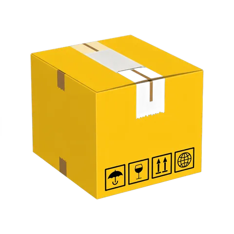 Bright yellow delivery box with fragile wine bottle and global shipping icons for ecommerce packaging design PNG