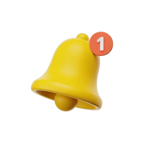 Bright yellow notification bell icon number one isolated transparent background graphic element PNG