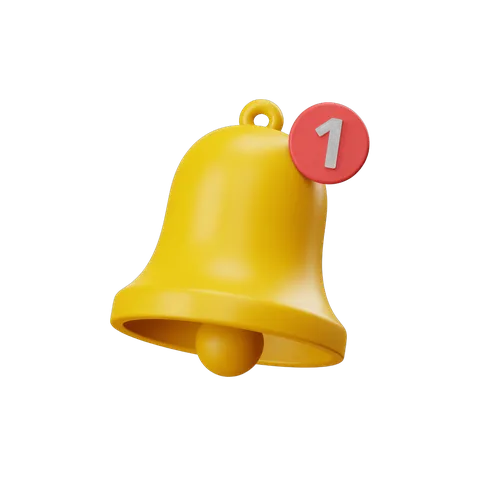 Bright yellow notification bell icon with number one badge for alerts and priority updates PNG