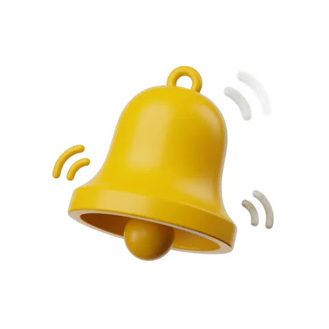 Bright yellow notification bell ringing with sound waves isolated on transparent background PNG