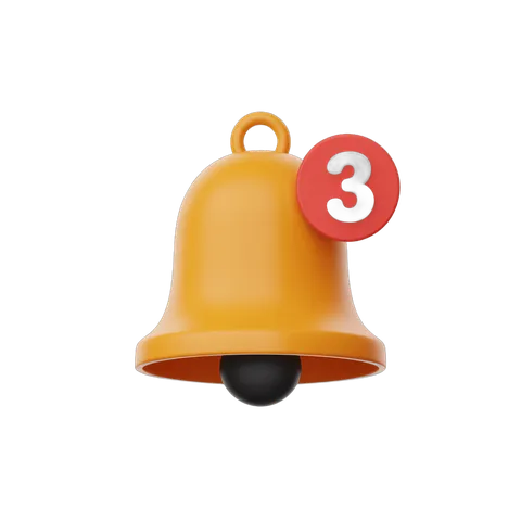 Bright yellow notification bell with number three badge for alerts and updates PNG