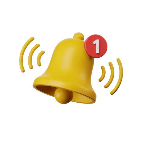 Bright yellow notification bell with sound waves and new message alert icon for app design PNG